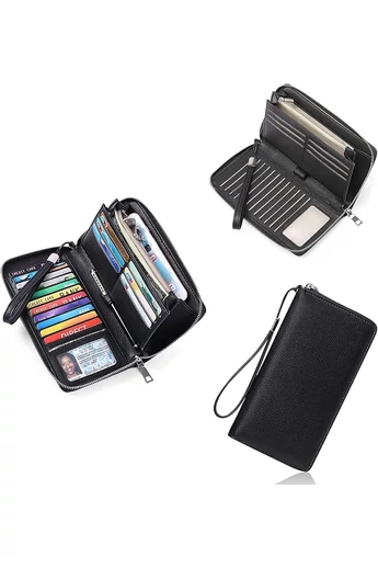  Wielofunkcyjny damski portfel z czarnego PU z zamkiem błyskawicznym i paskiem na rękę, 22x12x3 cm, Bonluo