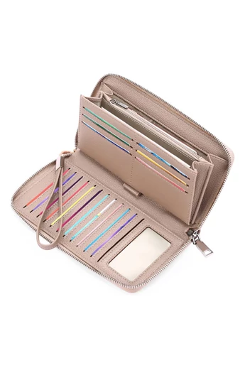  Wielofunkcyjny damski portfel z PU w kolorze khaki z zamkiem błyskawicznym i paskiem na rękę, 22 x 12 x 3 cm, Bonluo