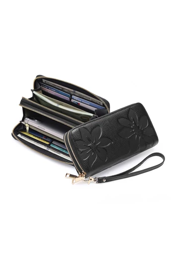 Czarny portfel damski z PU z ochroną RFID, elegancki kwiatowy wzór Bonluo 19*10*4 cm