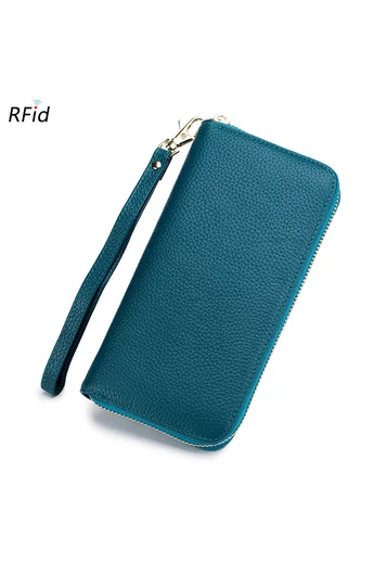  Portfel damski Bonluo w kolorze niebieskim, wykonany z prawdziwej skóry, z dopinanym paskiem na nadgarstek, 19*10*2,5 cm