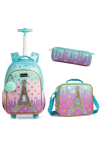  Zestaw plecaków szkolnych dla dzieci 3 w 1: Torba na lunch i piórnik z motywem Wieży Eiffla, pojemność 20-35 l