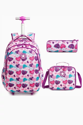  Zestaw 3 w 1 Plecak szkolny Bonluo 16” z kółkami dla dzieci w kształcie serc, torba na lunch i piórnik, pojemność 20–35 l