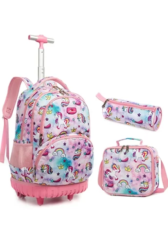  Zestaw szkolny Bonluo 3 w 1 z wbudowanymi kółkami, wzór różowego jednorożca, z płócienną torbą i piórnikiem, 40*35*25 cm