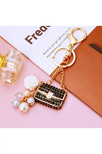  Elegancki czarny brelok Bonluo z zawieszką do torebki, zdobiony kryształami i perłami