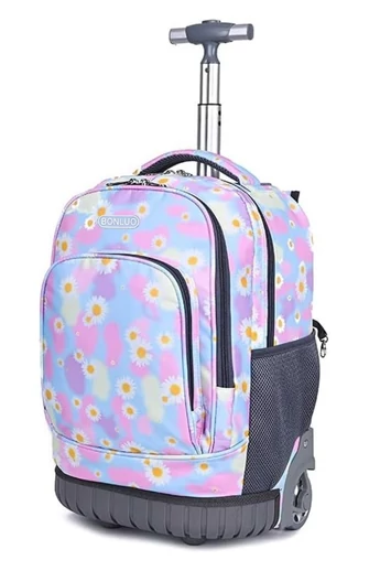  Różowy plecak na kółkach Bonluo z kwiatowym wzorem, wykonany z wysokiej jakości wodoodpornego materiału, wymiary 48*31*21 cm