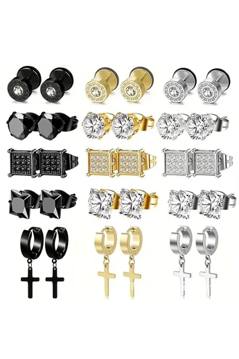  Zestaw 15 par unisexowych kolczyków ze stali nierdzewnej o eleganckim wzornictwie z kamieniami i wisiorkiem w kształcie krzyża
