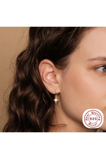  Kolczyki ze srebra próby 925, pozłacane, z cyrkoniami 5A, z błyszczącym wzorem gwiazdy