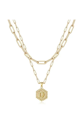  Zestaw dwóch łańcuszków ze stali tytanowej platerowanych 18-karatowym złotem z personalizowaną sześciokątną zawieszką z inicjałem D