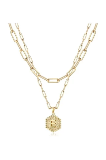  Zestaw dwóch łańcuszków ze stali tytanowej platerowanych 18-karatowym złotem z personalizowaną sześciokątną zawieszką z inicjałem E
