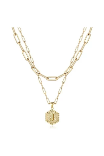  Zestaw dwóch łańcuszków ze stali tytanowej platerowanych 18-karatowym złotem z personalizowaną sześciokątną zawieszką z inicjałem J