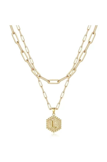  Zestaw dwóch łańcuszków ze stali tytanowej platerowanych 18-karatowym złotem z personalizowaną zawieszką w kształcie litery L w kształcie sześciokąta
