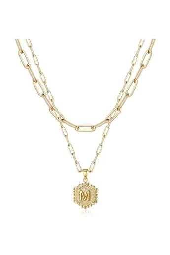 Zestaw dwóch łańcuszków ze stali tytanowej platerowanych 18-karatowym złotem z personalizowaną sześciokątną zawieszką z inicjałem M
