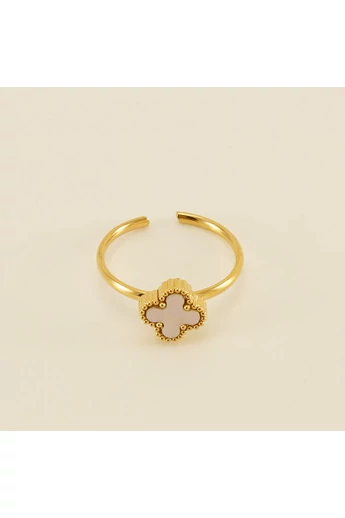  Regulowany pierścień ze stali nierdzewnej platerowanej 18-karatowym złotem Elegancki wzór koniczyny w kolorze białym