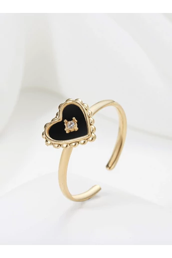  Regulowany pierścień ze stali nierdzewnej platerowanej 18-karatowym złotem z wzorem serca, czarną masą perłową i cyrkoniami
