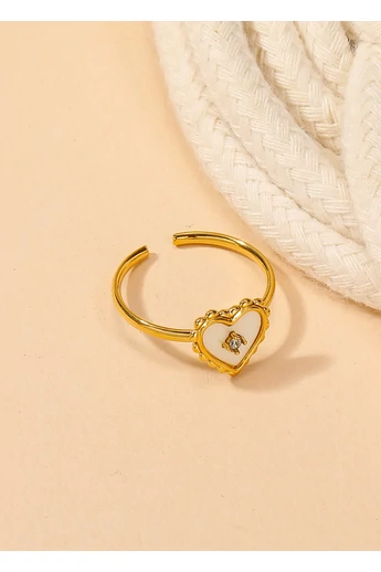  Regulowany pierścień ze stali nierdzewnej platerowanej 18-karatowym złotem z wzorem serca, białą masą perłową i cyrkoniami