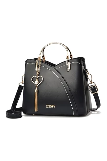 orebka damska elegancka czarna z PU z mini brelokiem, kompaktowa, 19×23×12 cm