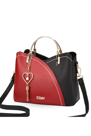 Torebka damska elegancka czarno-czerwona z PU z mini brelokiem, kompaktowa, 19×23×12 cm