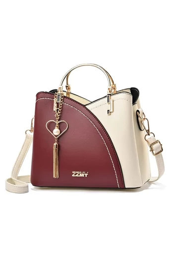 Torebka damska elegancka wiśniowo-czerwono-beżowa z PU z mini brelokiem, kompaktowa, 19×23×12 cm