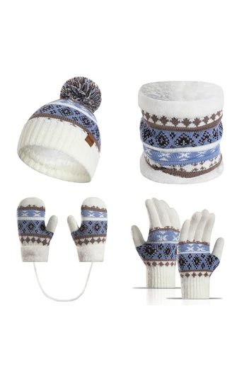  Zimowy komplet dla dzieci: czapka, kołnierzyk, rękawiczki z białego materiału syntetycznego ze wzorem