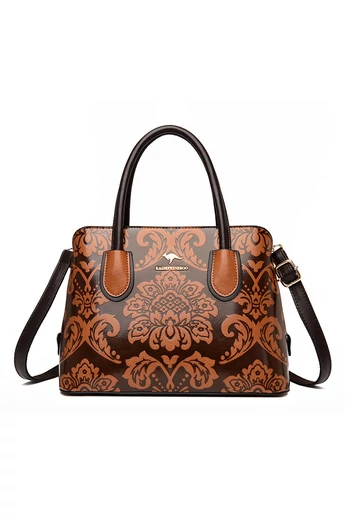  Torebka PU i torba na ramię z wytłoczonym wzorem kwiatowym, brązowa, 31*14*22 cm