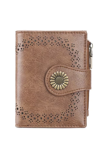  Kompaktowy brązowy portfel z PU z ochroną RFID i eleganckim kwiatowym wzorem 12*3*9 cm